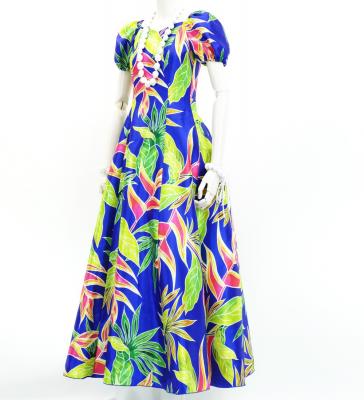 Hula Long Dress with Heliconia Print / Luxury Collection / Blue / J2687bl