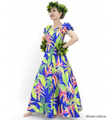 Hula Long Dress with Heliconia Print / Luxury Collection / Blue / J2687bl
