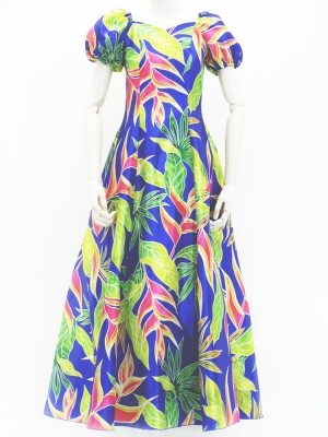 Hula Long Dress with Heliconia Print / Luxury Collection / Blue / J2687bl