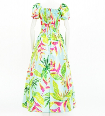 Hula Long Dress with Heliconia Print / Luxury Collection / Light Blue / J2687lbl