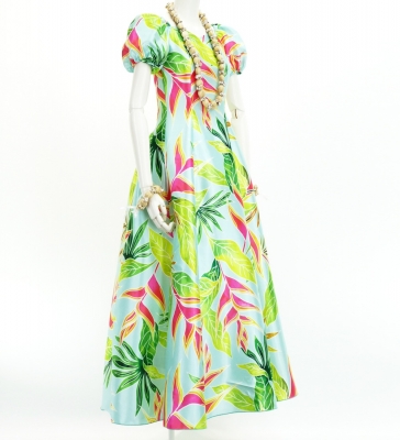 Hula Long Dress with Heliconia Print / Luxury Collection / Light Blue / J2687lbl