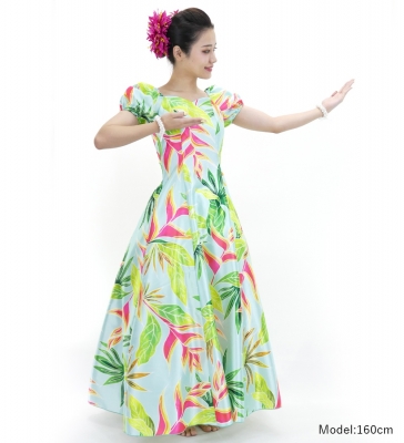 Hula Long Dress with Heliconia Print / Luxury Collection / Light Blue / J2687lbl