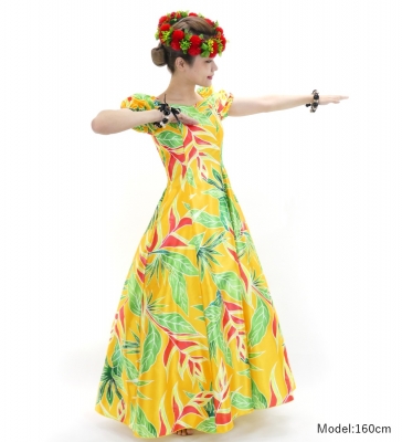 Hula Long Dress with Heliconia Print / Luxury Collection / Yellow / J2687ye