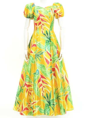 Hula Long Dress with Heliconia Print / Luxury Collection / Yellow / J2687ye