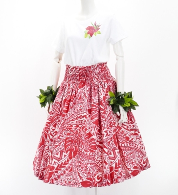 Hula Pa'u Skirt with Monstera Kahiko Print / Red / G2691