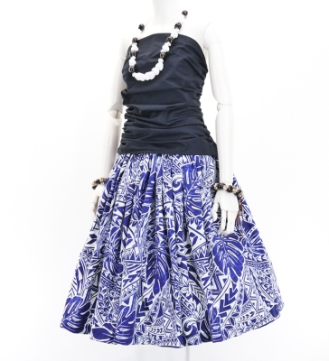 Hula Pa'u Skirt with Monstera Kahiko Print / Navy / G2695