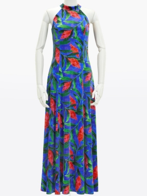 Hula Long Red Ginger Dress with Velvet / Luxury Collection / Blue / J2713bl