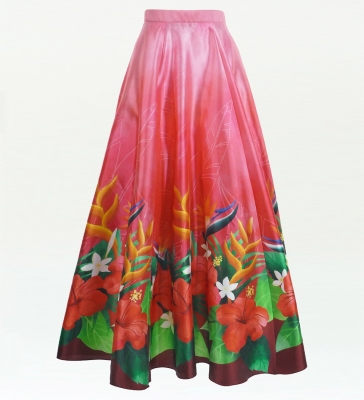 Hula Long circular skirt with Hibiscus &  Strelitzia/ Luxury Collection / Red / J2719rd