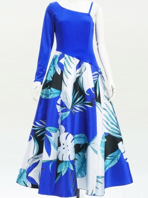 Hula One Shoulder Dress with Modern Leaf/ Luxury Collection / Blue / J2754bl