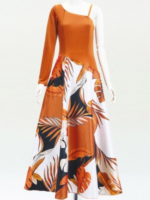 Hula One Shoulder Dress with Modern Leaf/ Luxury Collection / Orange / J2754or