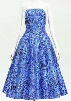 Hula Midi Dress with Kahiko&Moana Print / Luxury Collection / Blue / J2755bl
