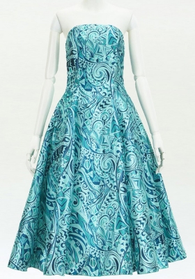Hula Midi Dress with Kahiko&Moana Print / Luxury Collection / Turquoise Blue / J2755tbl