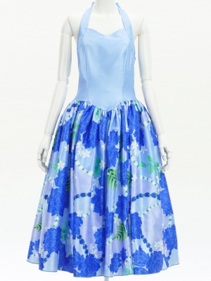 Hula Midi Halterneck Dress with Loke Lani Print / Luxury Collection / Blue / J2759bl