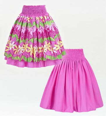 Hula Double & Reversible Pau Skirt with Tiare Print / Pink / G2772