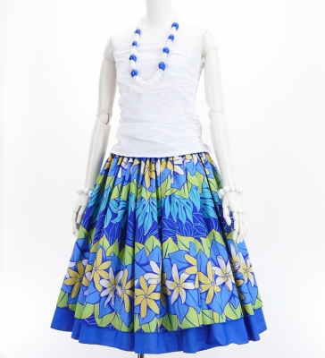 Hula Double & Reversible Pau Skirt with Tiare Print / Royal Blue / G2773