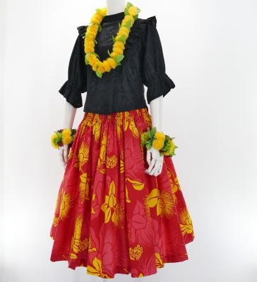 Hula Pa'u Skirt with Lehua Print / Red / G2797