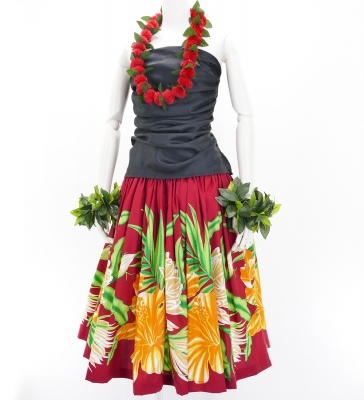 Hula Pa'u Skirt with Hawaiian Flower Print / Red / G2813