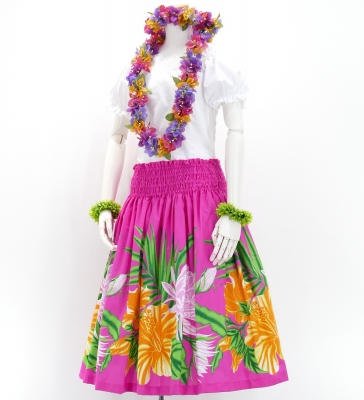 Hula Pa'u Skirt with Hawaiian Flower Print / Pink / G2815