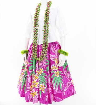 Hula Pa'u Skirt with Plumeria & Leaf Print / Pink / J2821