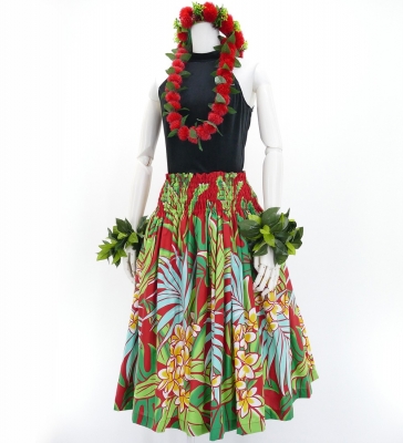 Hula Pa'u Skirt with Plumeria & Leaf Print / Red / J2823