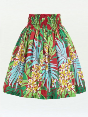 Hula Pa'u Skirt with Plumeria & Leaf Print / Red / J2823