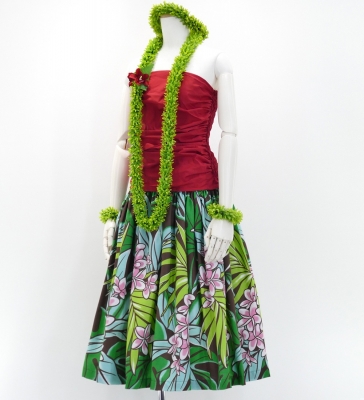 Hula Pa'u Skirt with Plumeria & Leaf Print / Brown / G2825