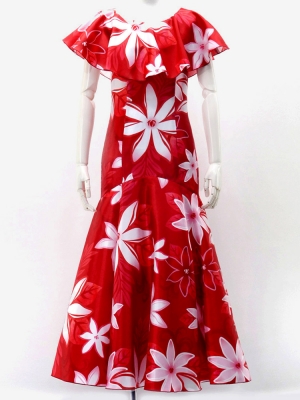 Hula Long Dress with Tiare Print / Luxury Collection / Red / J2843rd