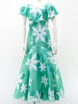 Hula Long Dress with Tiare Print / Luxury Collection / Turquoise Blue / J2843tbl