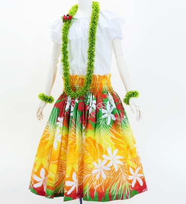 Hula Pa'u Skirt with Tiare Print / Red & Green /J2963