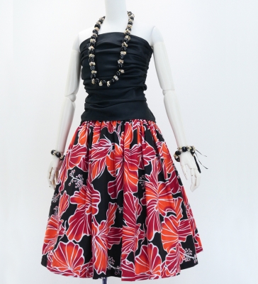 Hula Pa'u Skirt with Hibiscus Print / Black & Red /G2979