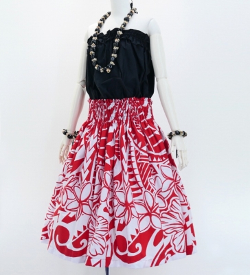 Hula Pa'u Skirt with Kahiko Print / White & Red /G2997