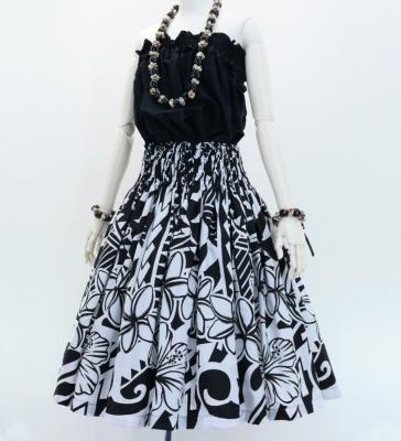 Hula Pa'u Skirt with Kahiko Print / White & Black /G2999