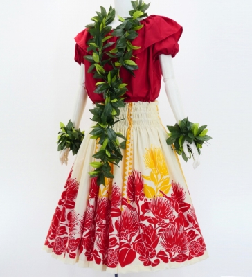 Hula Pa'u Skirt with Lehua Print / Cream /G3017