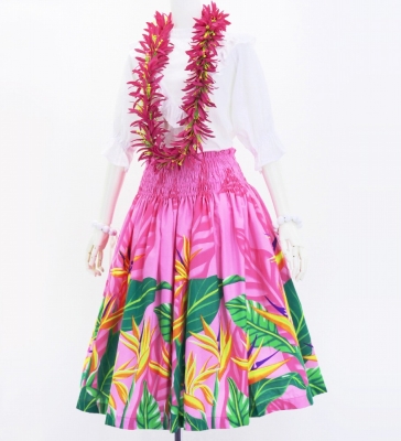 Hula Pa'u Skirt with Bird of Paradise Print / Pink /J3027