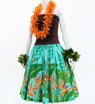 Hula Pa'u Skirt with Bird of Paradise Print / Sea Green /J3029
