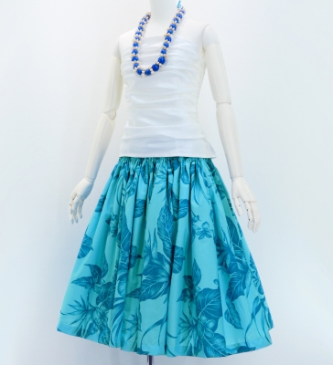 Hula Pa'u Skirt with Plumeria & Hawaiian Leaf Print / Turquoise /G3065