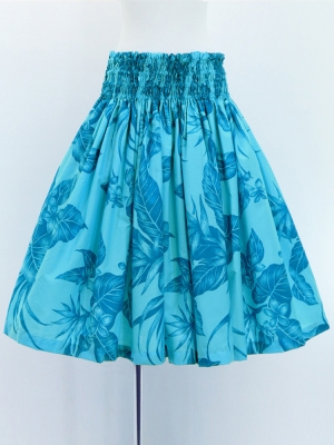 Hula Pa'u Skirt with Plumeria & Hawaiian Leaf Print / Turquoise /G3065