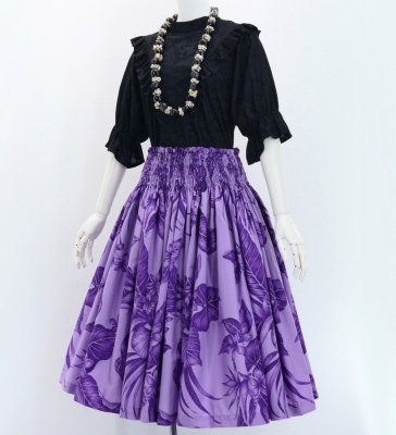 Hula Pa'u Skirt with Plumeria & Hawaiian Leaf Print / Purple /G3067