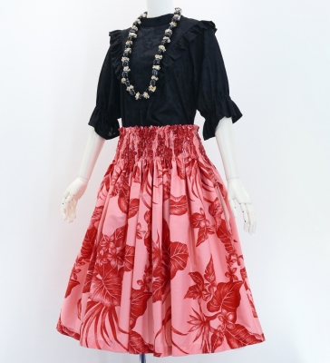 Hula Pa'u Skirt with Plumeria & Hawaiian Leaf Print / Red /G3069
