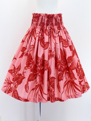 Hula Pa'u Skirt with Plumeria & Hawaiian Leaf Print / Red /G3069