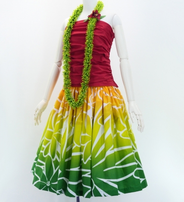 Hula Pa'u Skirt with Tiare Print / Orange & Green /G3071