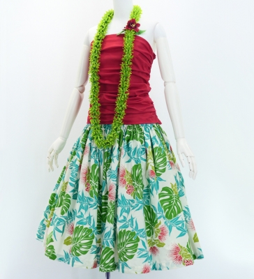 Hula Pa'u Skirt with Monstera & Lehua Print / White /J3075