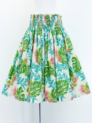 Hula Pa'u Skirt with Monstera & Lehua Print / White /J3075