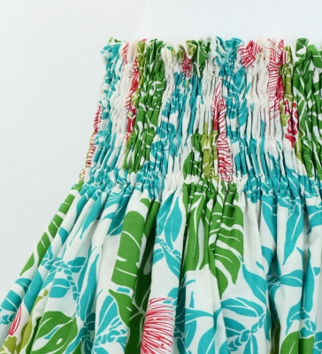 Hula Pa'u Skirt with Monstera & Lehua Print / White /J3075