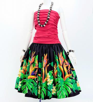 Hula Pa'u Skirt with Strelitzia & Plumeria Print / Black / G3137