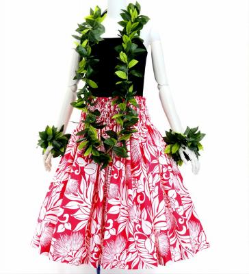 Hula Pa'u Skirt with Lehua Print / Cerise & Eggshell / G3139