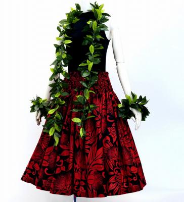Hula Pa'u Skirt with Lehua Print / Black & Red / G3143