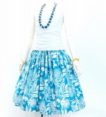 Hula Pa'u Skirt with Lehua Print / Blue & Eggshell / G3145