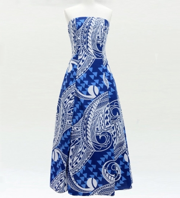 Hula Strapless Dress with Kahiko Print / Blue / G3179bl