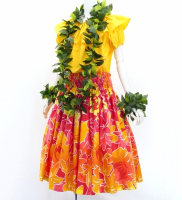 Hula Pa'u Skirt with Hawaiian Flower Print / Orange & Red / J3209